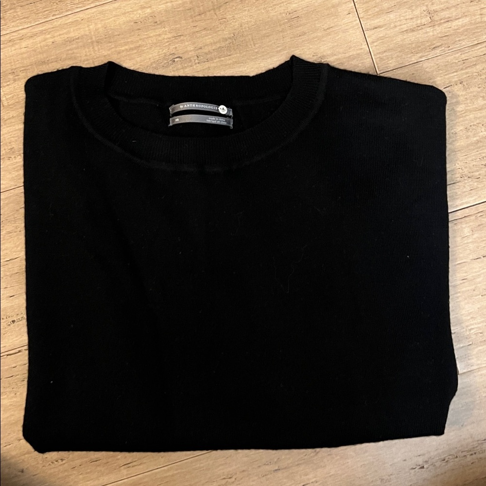 By Anthropologie Sweater Women's XS Black Merino Wool Short Sleeve Boxy Pullover - Picture 6 of 6